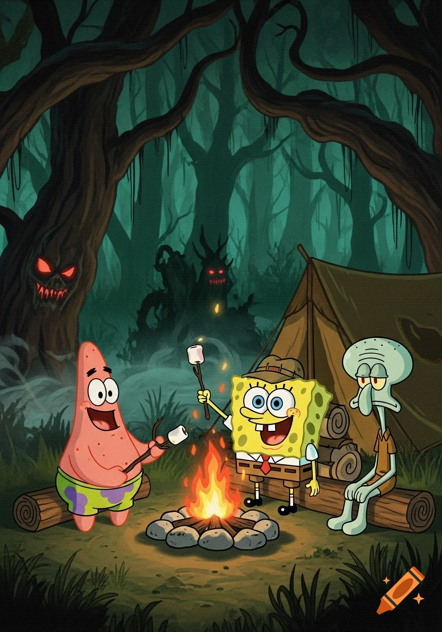 Spongebob, Patrick, and Squidward camping in a spooky, dark forest with glowing-eyed trees, roasting marshmallows over a campfire.