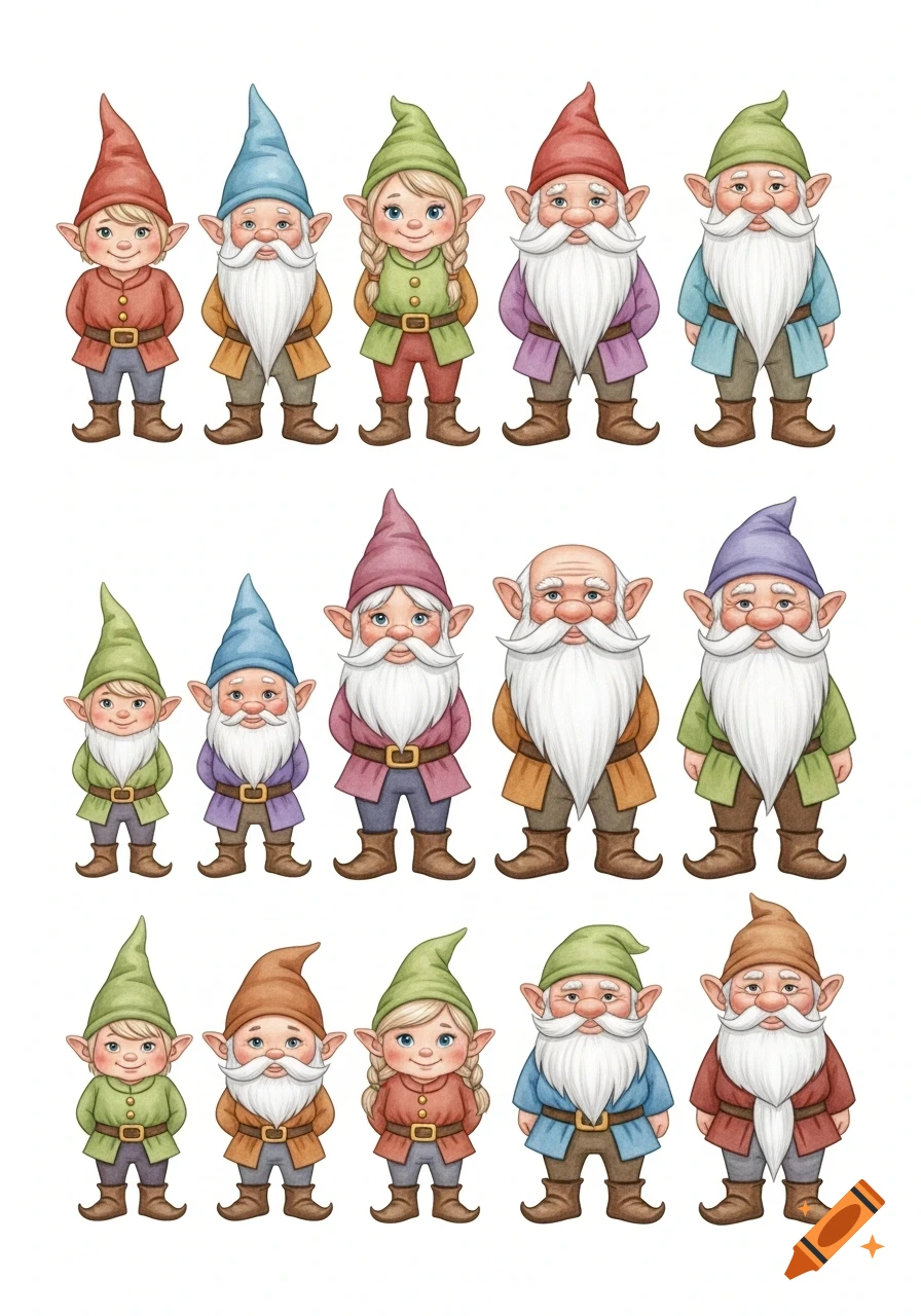 A collection of cute watercolor gnomes and elves of varying sizes, ages, and genders, arranged in rows on a white background.