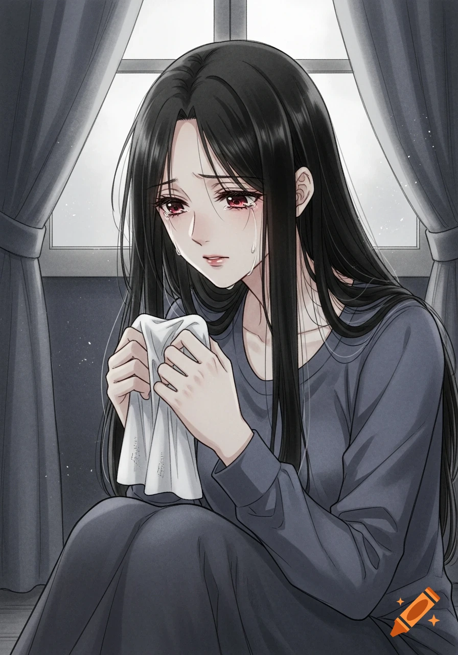 Anime illustration of a long-haired woman crying, wiping tears with a white cloth in a dark room.