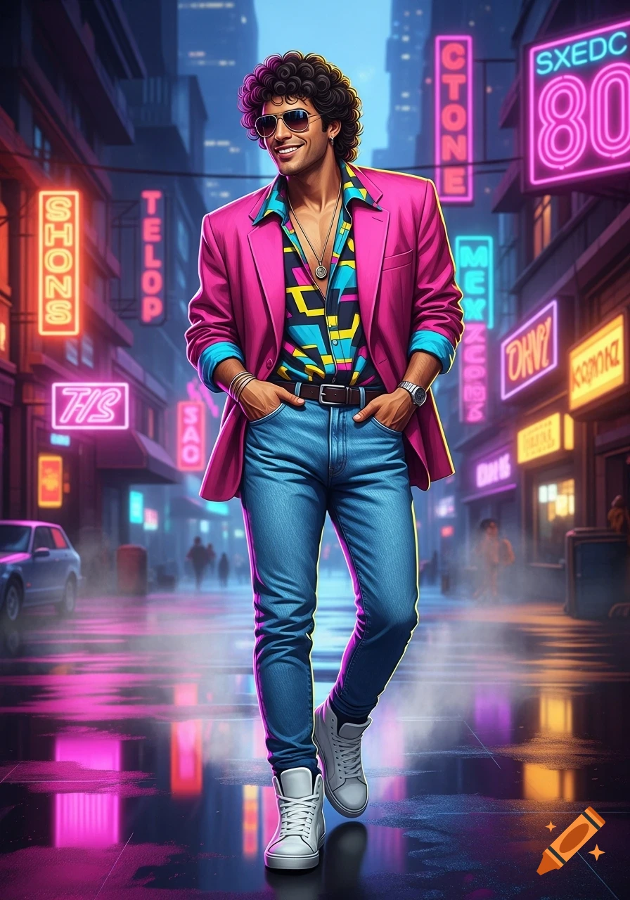 A man with curly hair and sunglasses, wearing a pink blazer over a colorful geometric shirt, blue jeans, and white sneakers, poses on a wet neon-lit city street at night.