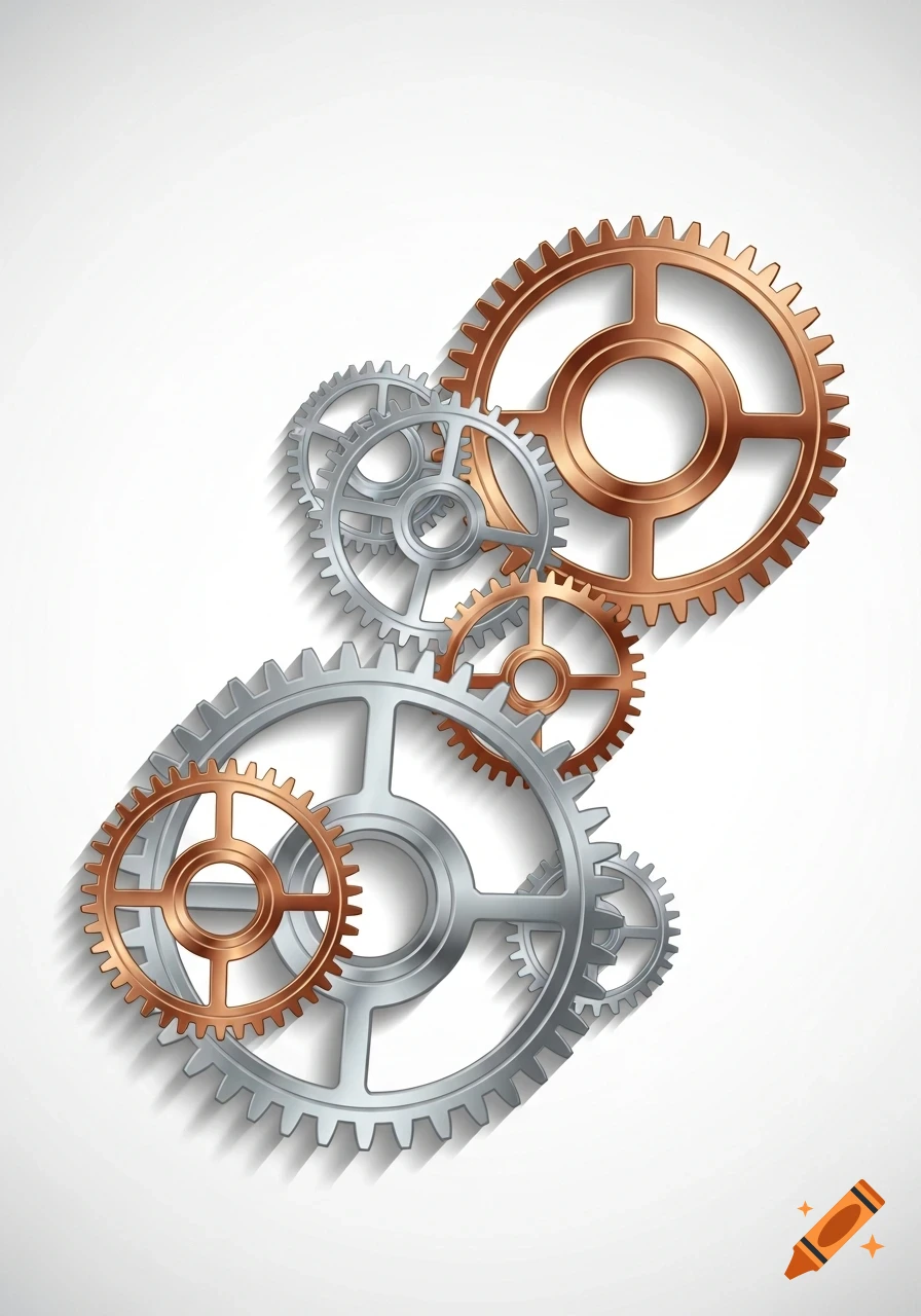 A cluster of silver and copper-toned metallic gears with shadows on a white background, rendered in a clean, illustrative style.
