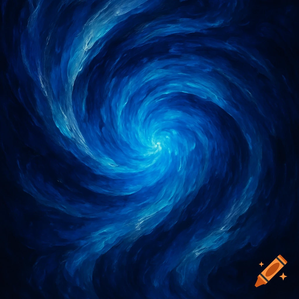 A vibrant blue abstract swirl forms a glowing vortex with lighter hues ...