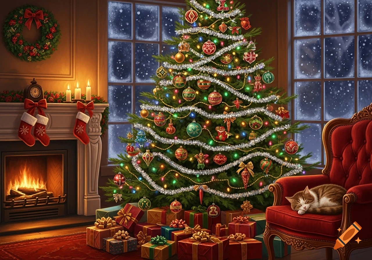 A cozy Christmas scene with a decorated tree, glowing fireplace, and a ...