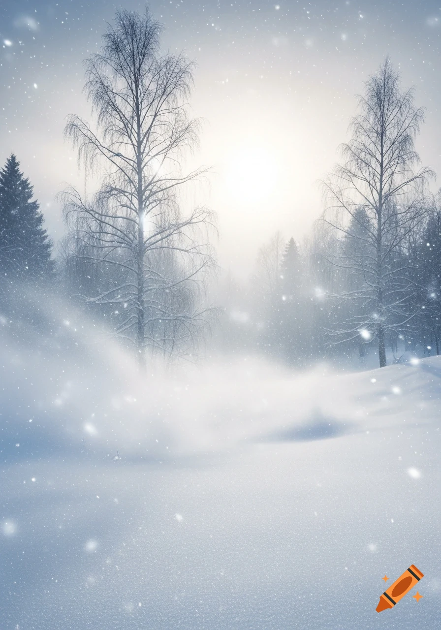 Photorealistic winter landscape with bare trees in a snowstorm, heavy snow covers the ground, and snowflakes fall through a hazy sky.