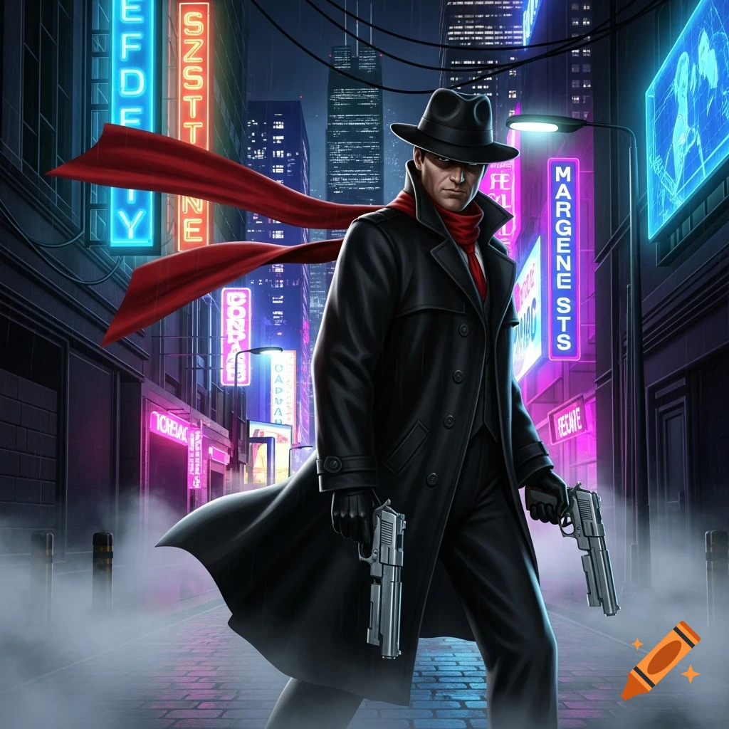 A man in a fedora, trench coat, and red scarf holds two pistols in a neon-lit city street at night, in a comic art style.