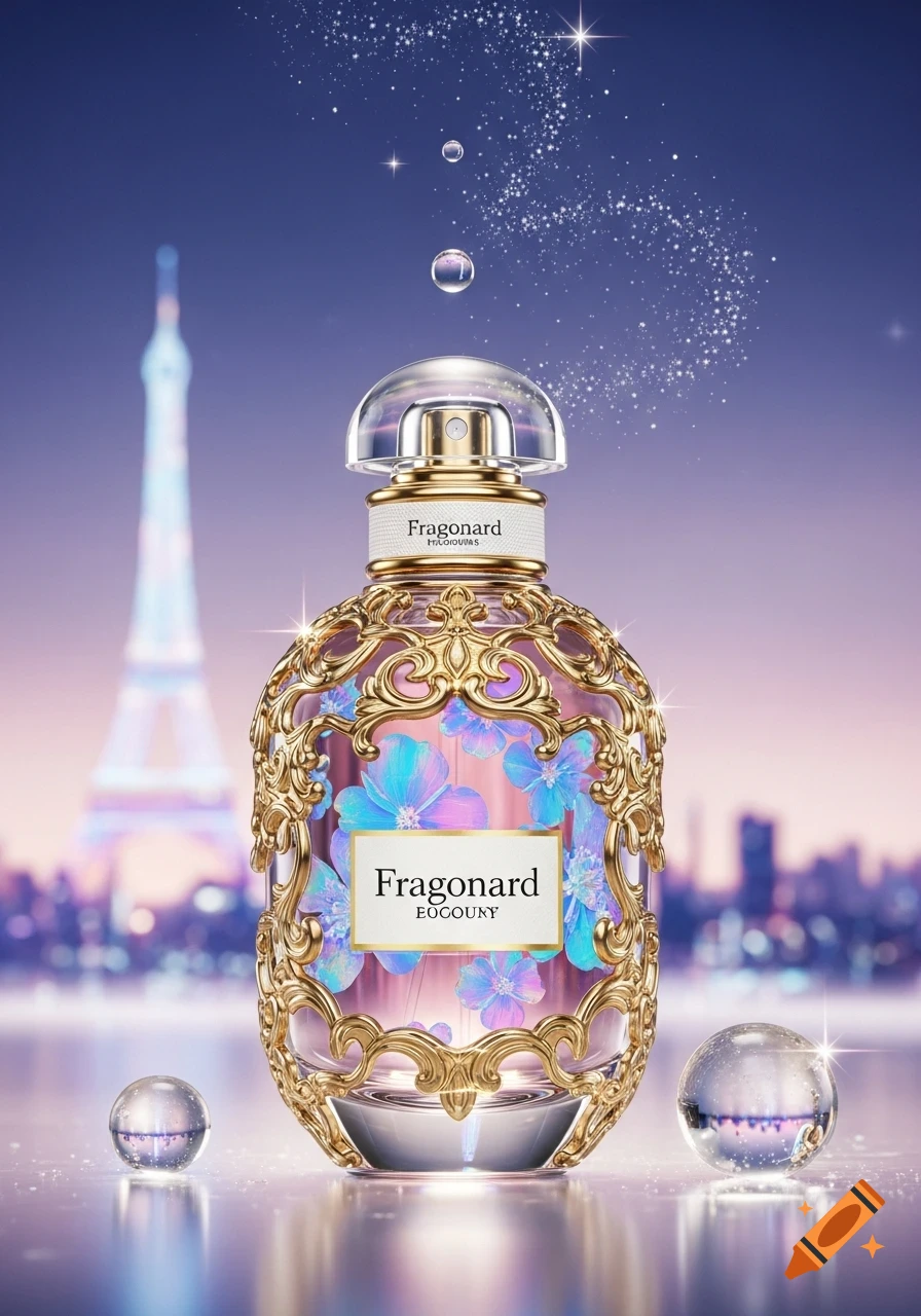Ornate perfume bottle with blue and purple floral motifs and gold filigree, set against a blurred purple Paris cityscape with the Eiffel Tower.