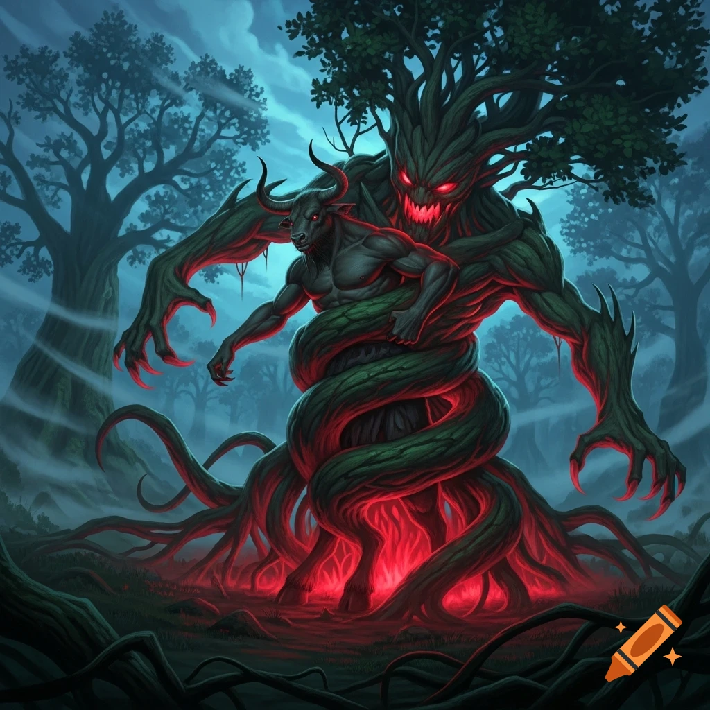 A menacing tree monster with glowing red eyes coils around a dark ...