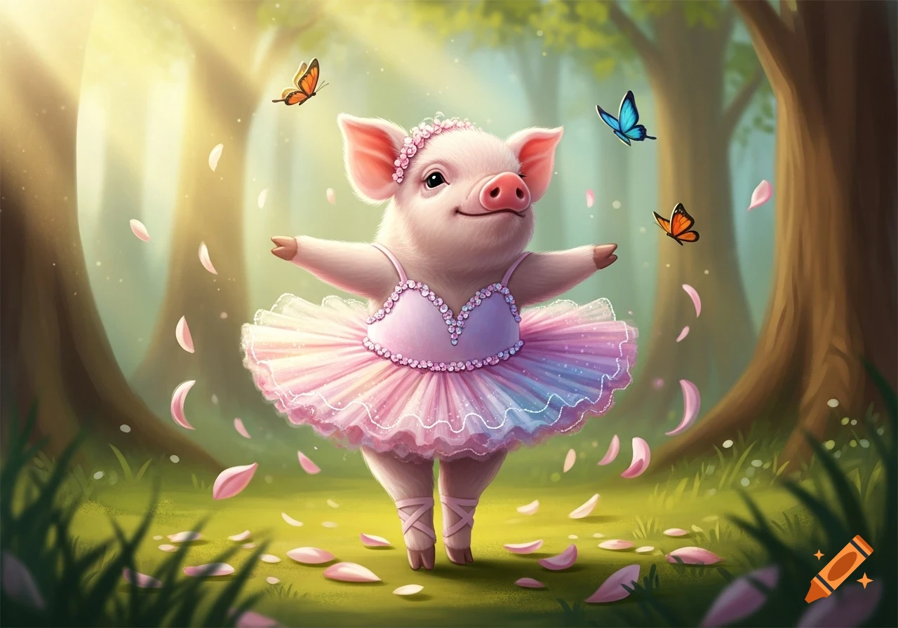 A cute pink piglet in a sparkling pink and blue tutu dances in a sunlit forest clearing, with butterflies and falling petals.