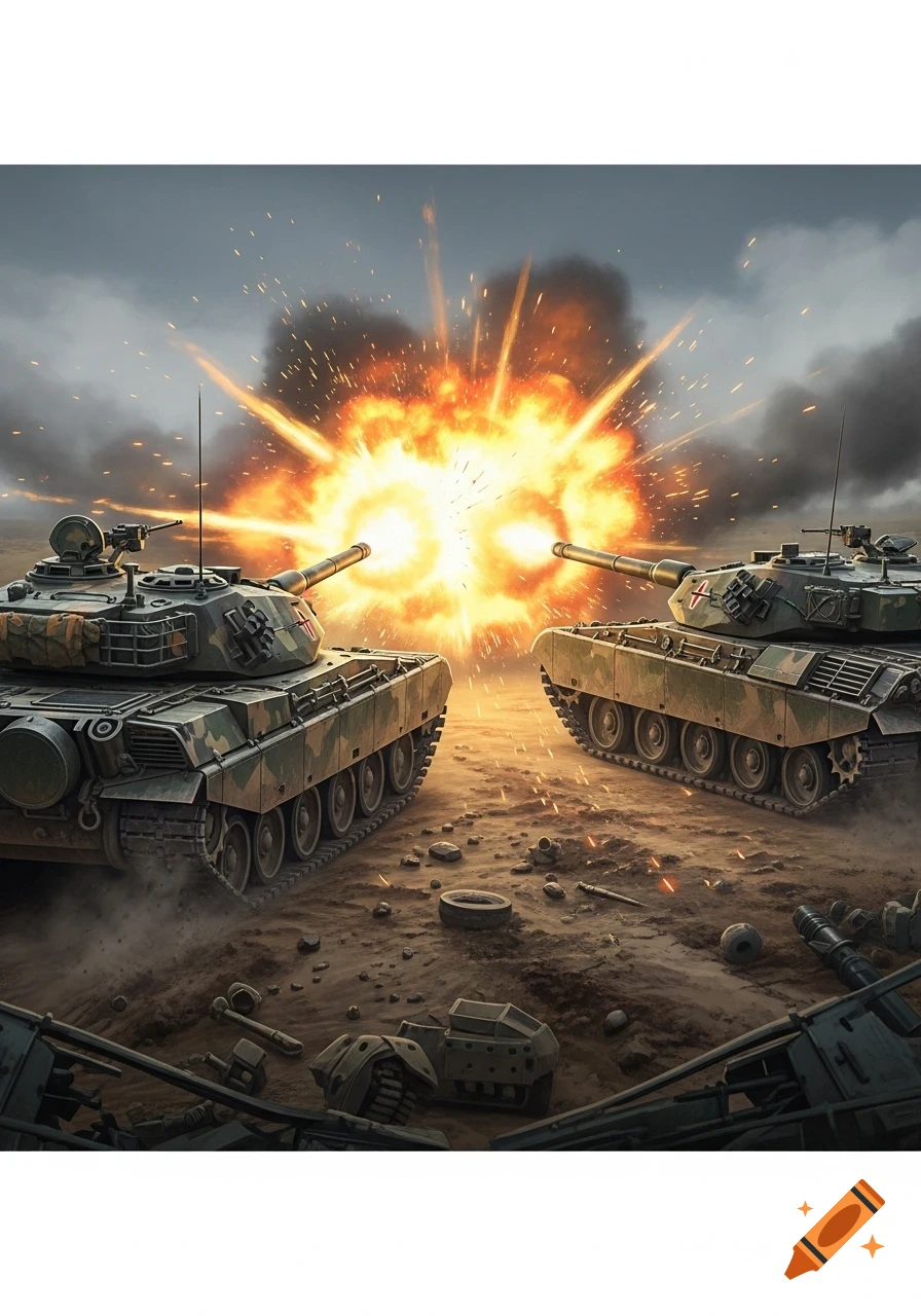 Two military tanks face each other on a sandy battlefield with a large explosion between them under a cloudy sky.
