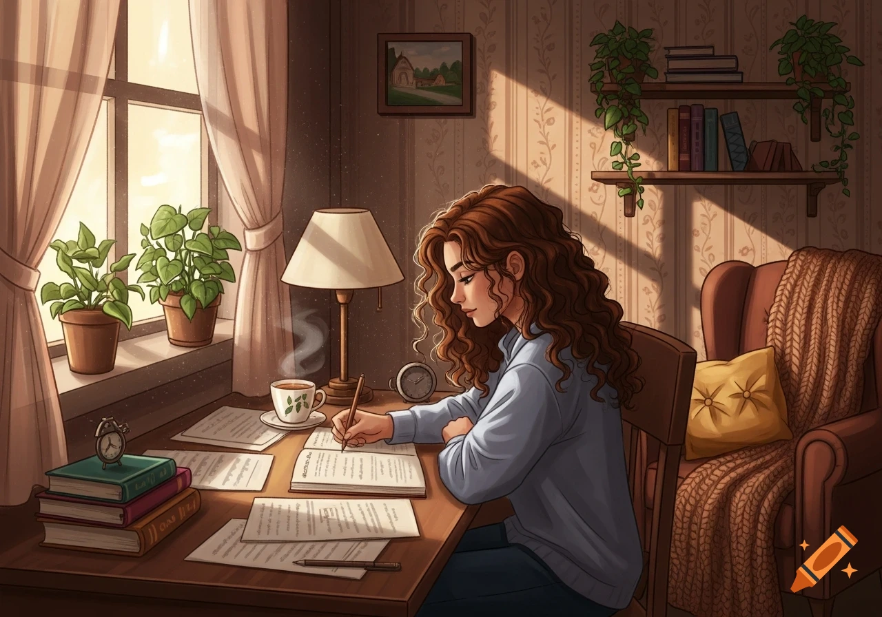 A girl with curly brown hair sits at a desk, writing on papers, surrounded by books, a lamp, and potted plants in a sunlit, cozy room.