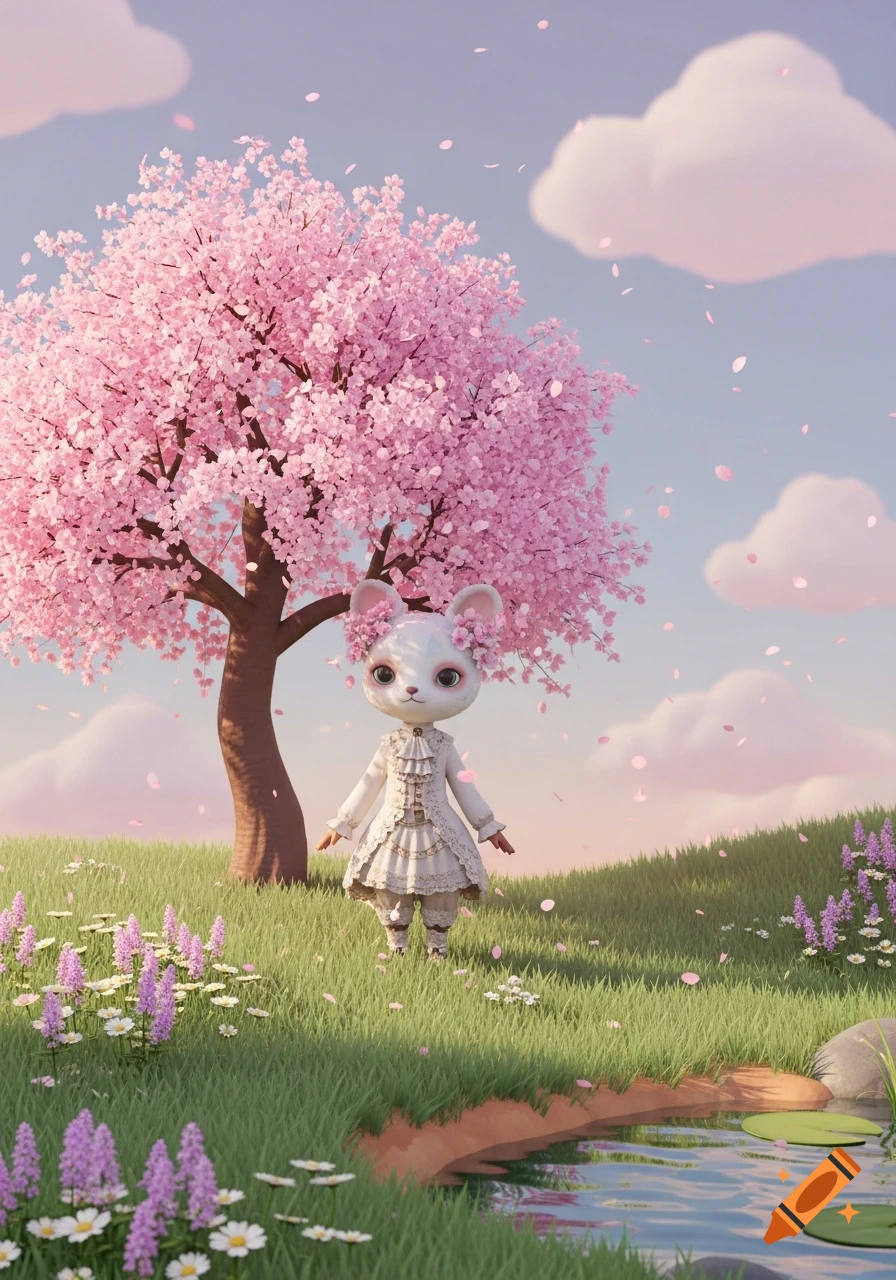 A cute white mouse-like doll in a cream dress stands under a pink cherry blossom tree with falling petals in a whimsical grassy field with a pond.