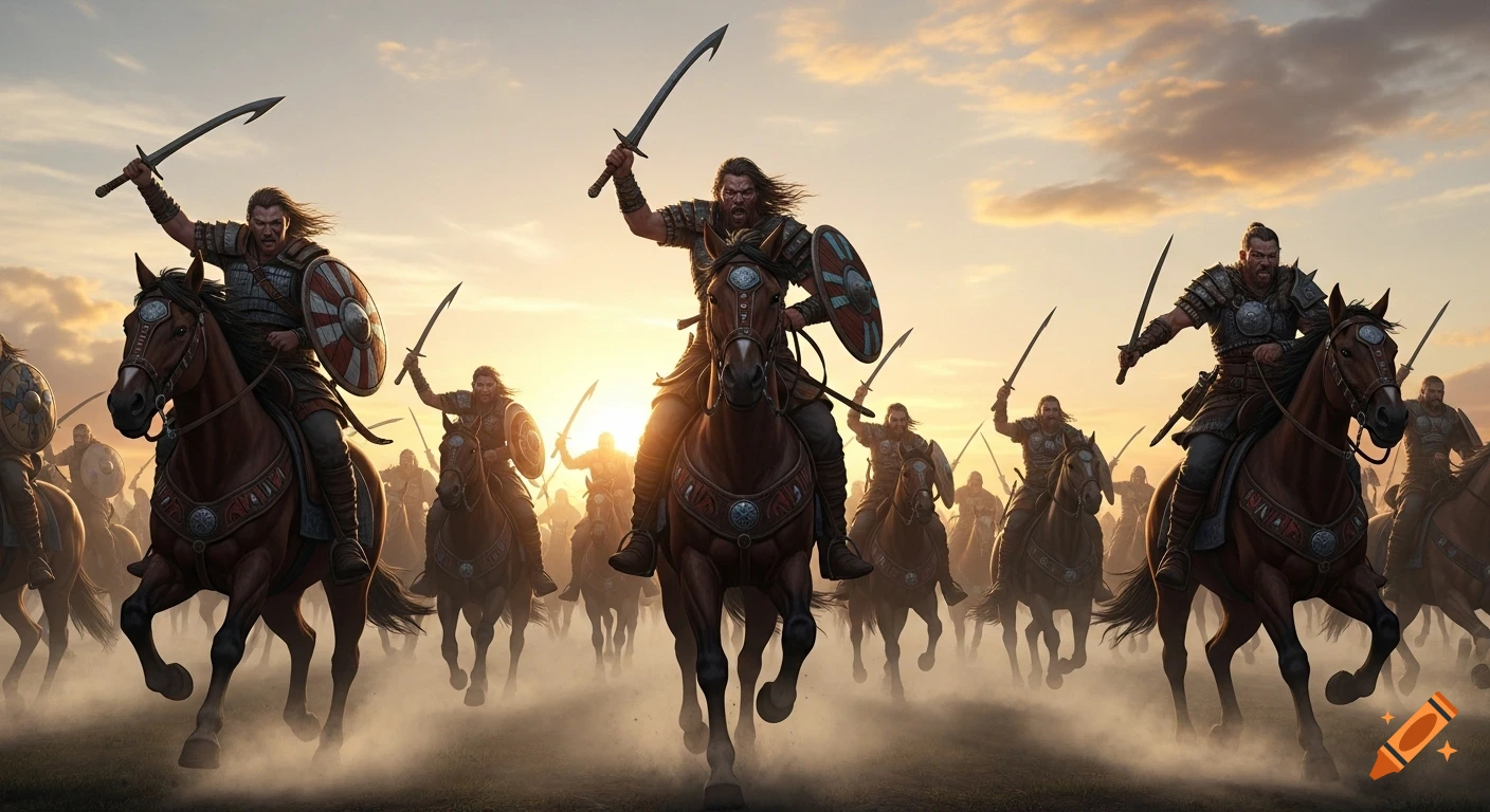 Horse-mounted barbarian warriors gallop forward at sunrise, swords raised, dust rising.