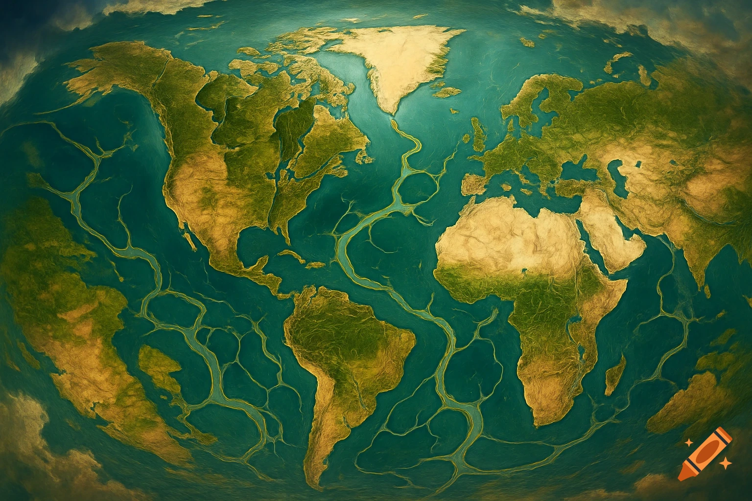 A stylized map of the world with continents colored green and gold, and oceans appearing as teal rivers and lakes. North and South America are inverted.
