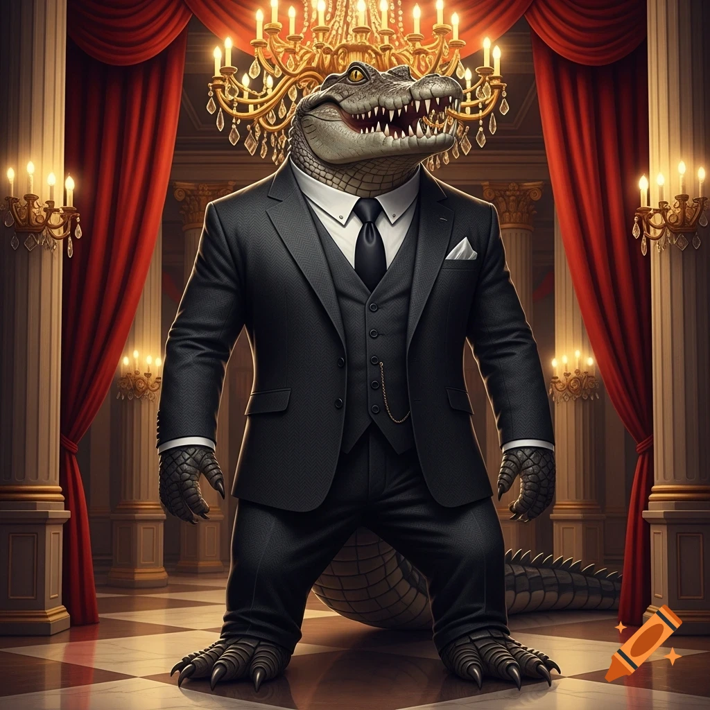 A photorealistic anthropomorphic crocodile in a three-piece suit stands in a grand ballroom under a chandelier.