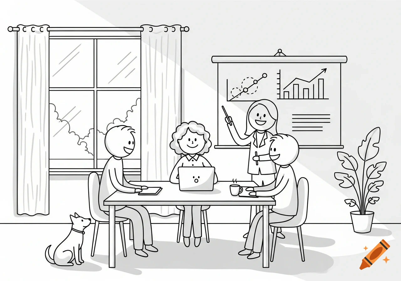A black and white stick figure illustration of a woman presenting to two men at a table, with a laptop and a dog present.
