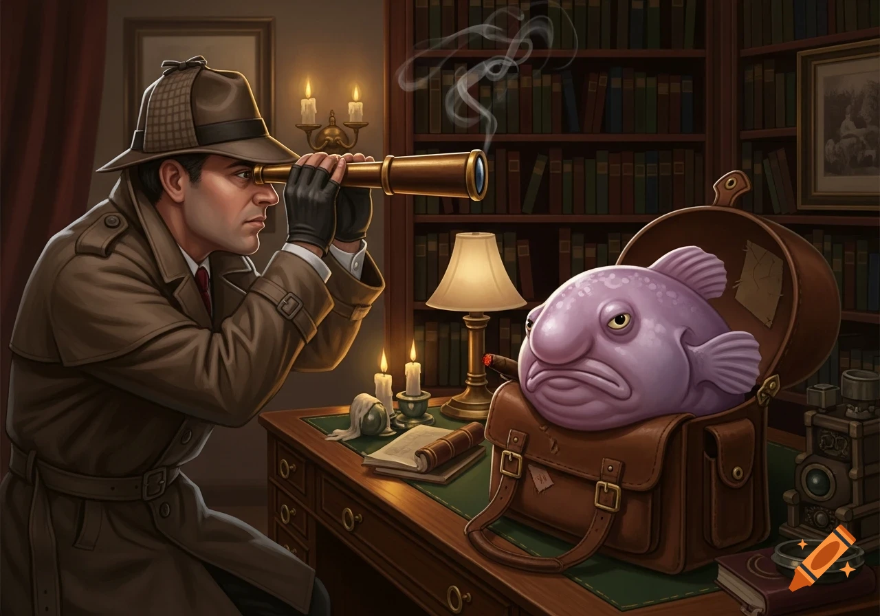 An investigator in a deerstalker hat looks through a spyglass at a grumpy blobfish smoking a cigar in a briefcase.