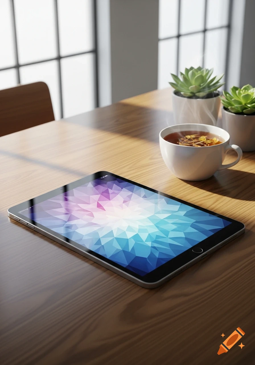 An iPad with a colorful geometric wallpaper sits on a wooden table next to a steaming cup of tea and two potted succulent plants, bathed in sunlight.