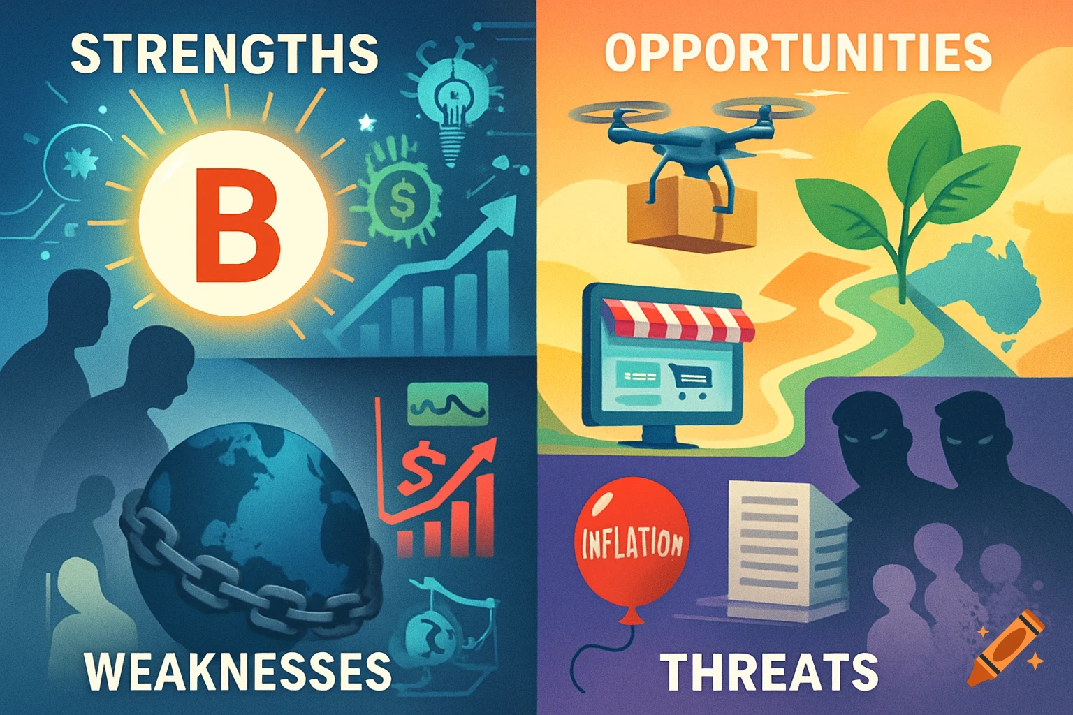 A stylized infographic showing a SWOT analysis. Strengths, Opportunities, Weaknesses, and Threats are depicted with icons and text.