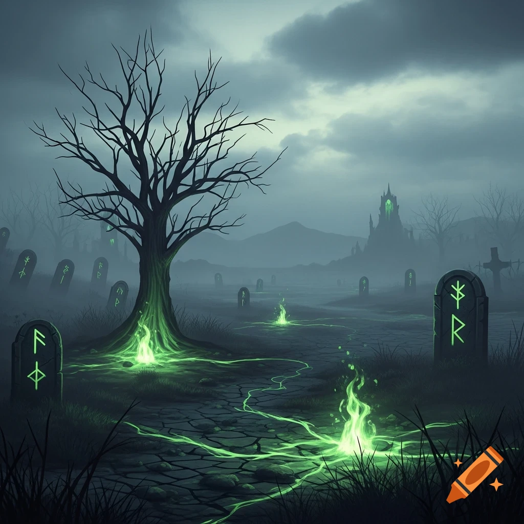 A spooky graveyard scene with a bare tree, glowing green runes on gravestones, and eerie green fire under a gloomy sky.