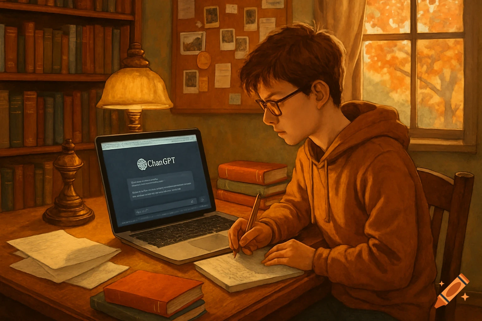 A digital painting shows a student in an orange hoodie and glasses writing at a desk with a laptop displaying "ChanGPT" and gibberish, surrounded by books and a window.