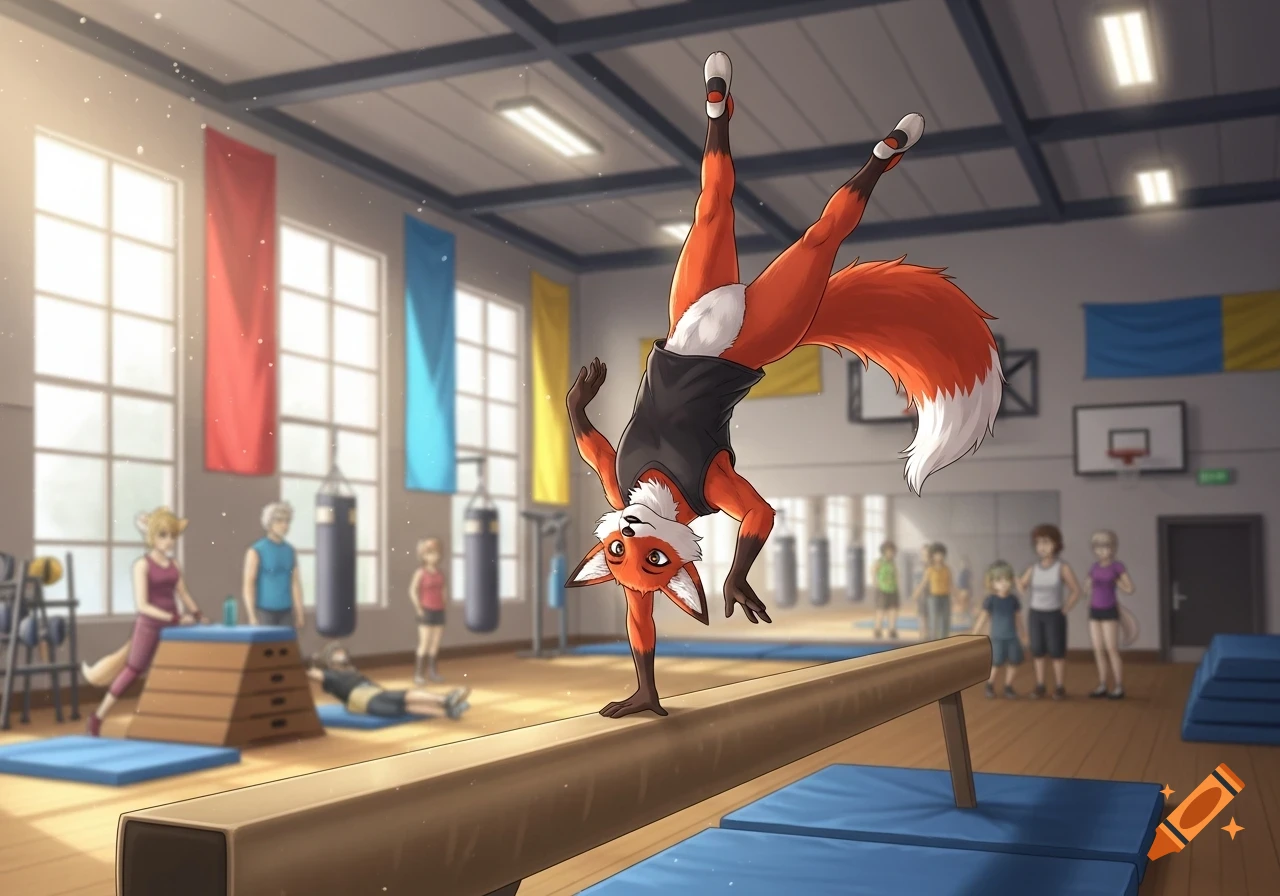 An anime-style anthropomorphic fox in a black shirt does a handstand on a balance beam in a gym, with blurry figures in the background.
