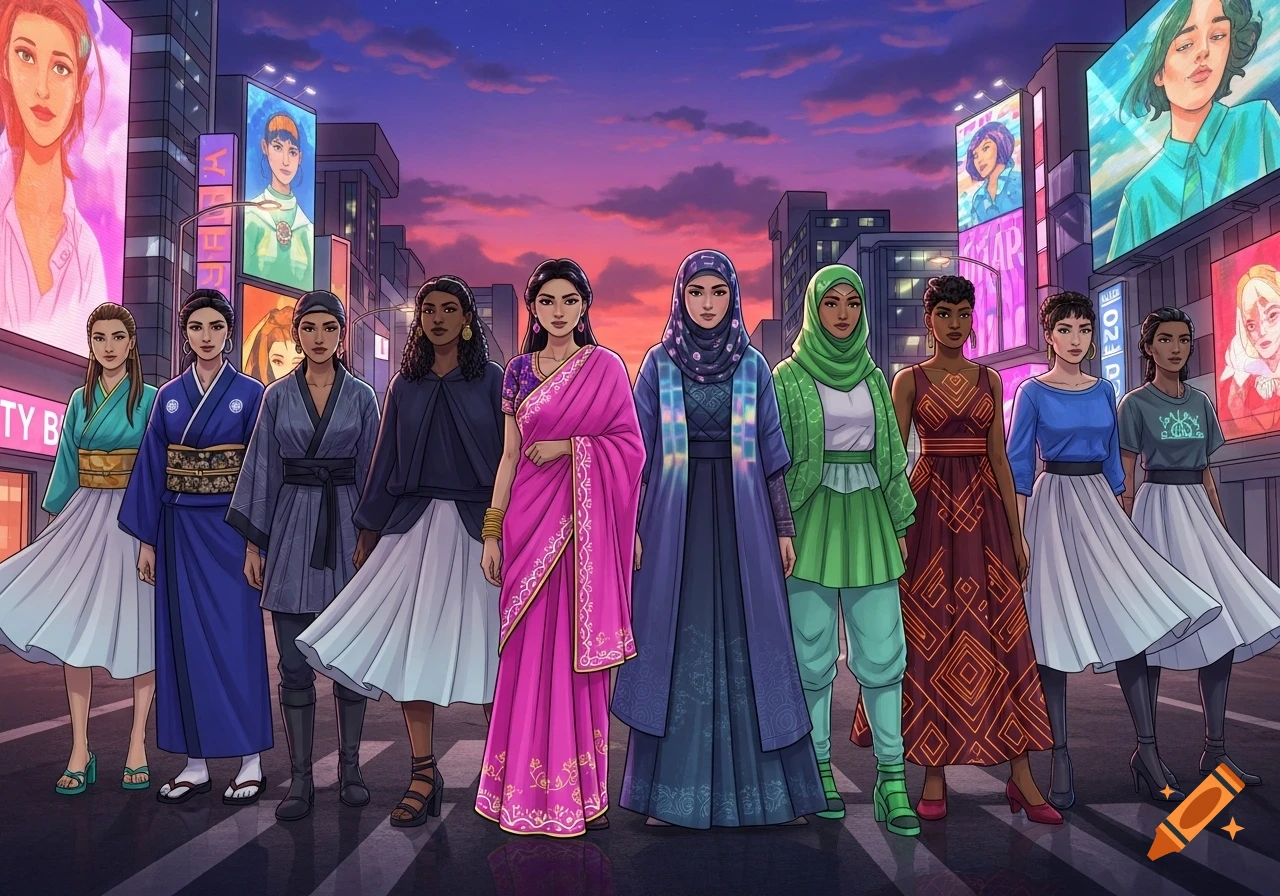 Ten diverse women in various fashionable outfits stand on a city street at sunset, illustrated in a vibrant style.