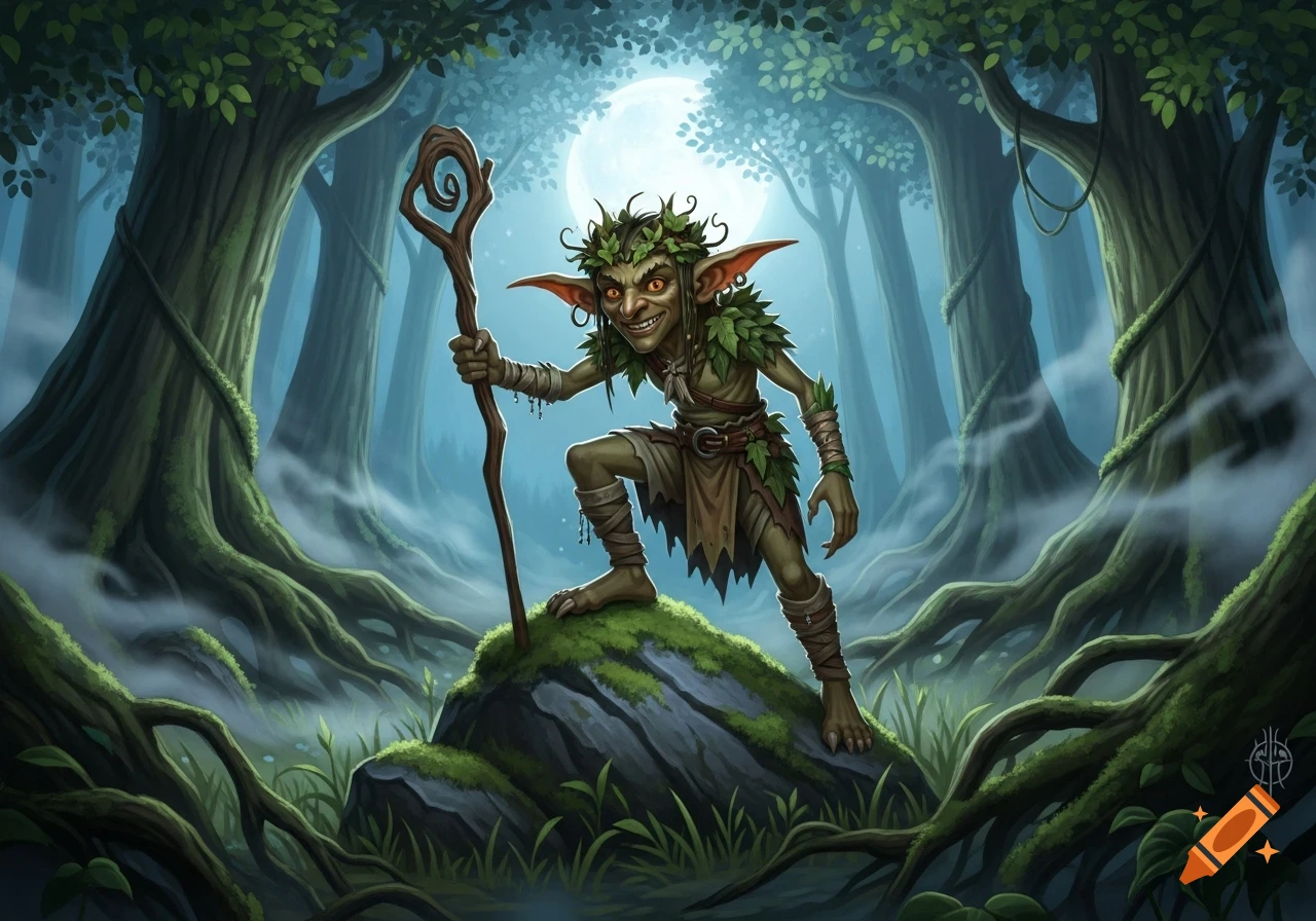 A mischievous goblin with a staff stands on a mossy rock in a magical forest under a full moon, fantasy art.