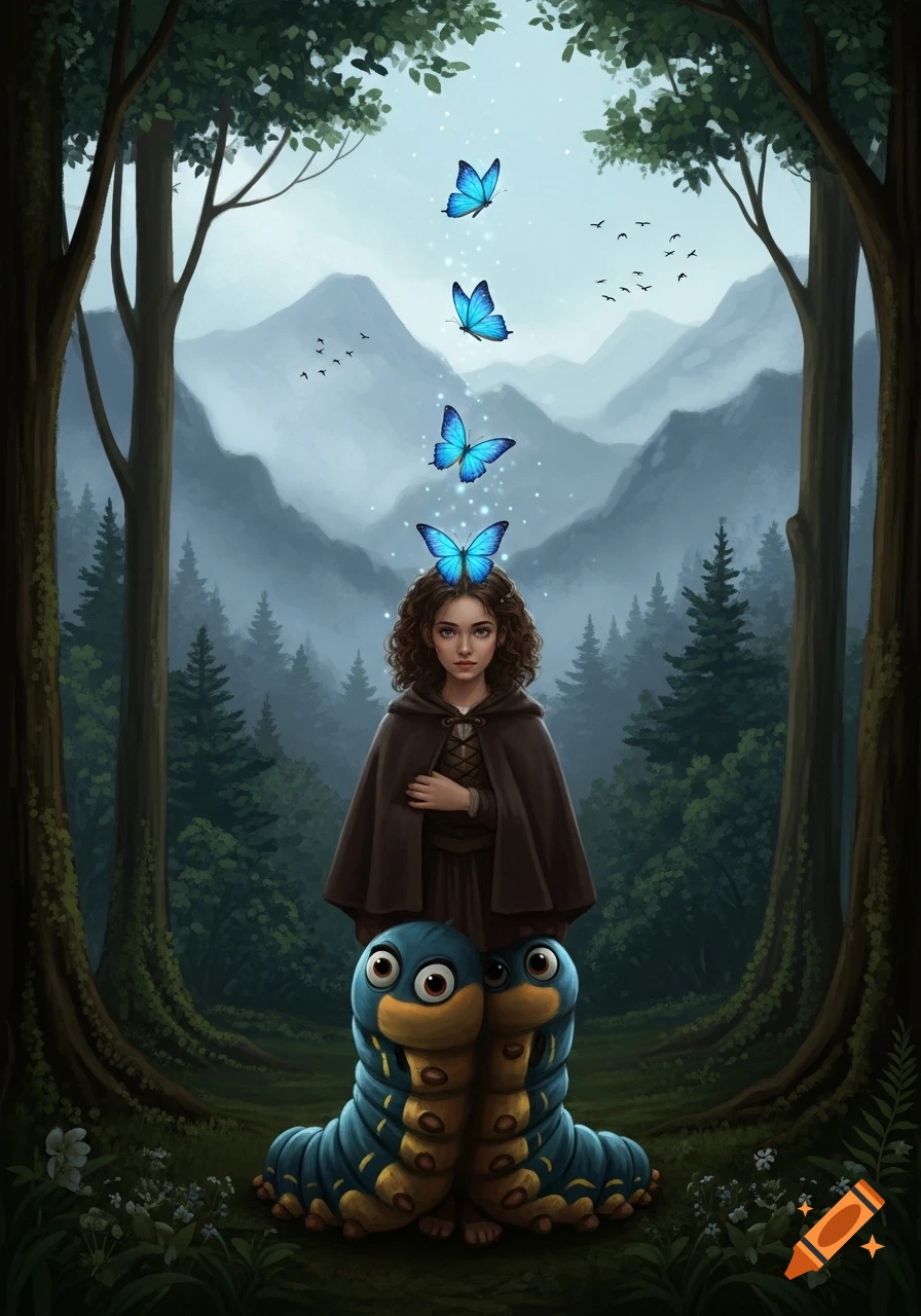 A girl in a brown cloak stands in a magical forest, blue butterflies ascend from her head, and two blue caterpillar creatures form her legs.