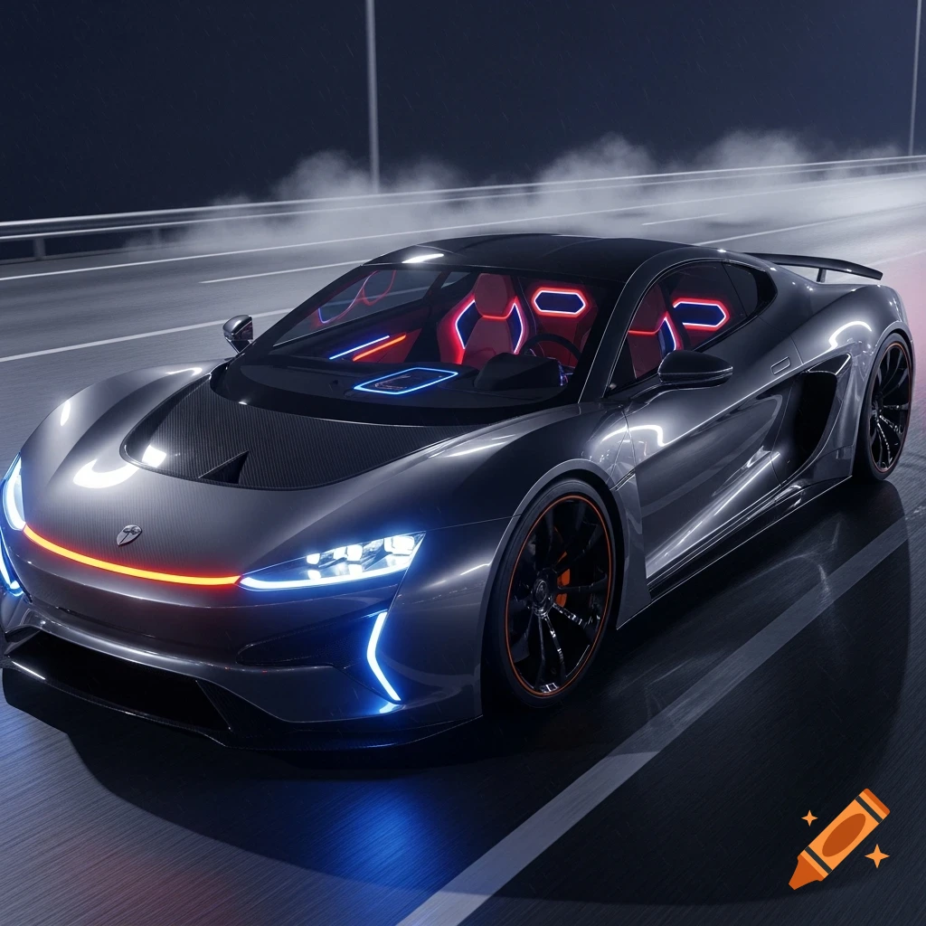 A sleek, dark sports car with glowing blue and red lights drives on a wet highway at night.