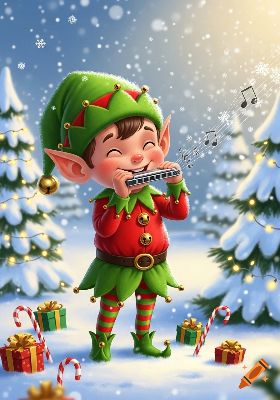 A cute cartoon Christmas elf in a snowy winter wonderland playing a harmonica amidst decorated pine trees and presents.