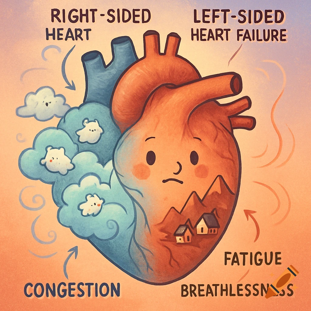 A cute cartoon heart illustrates right-sided and left-sided heart failure with clouds for congestion and mountains for fatigue.