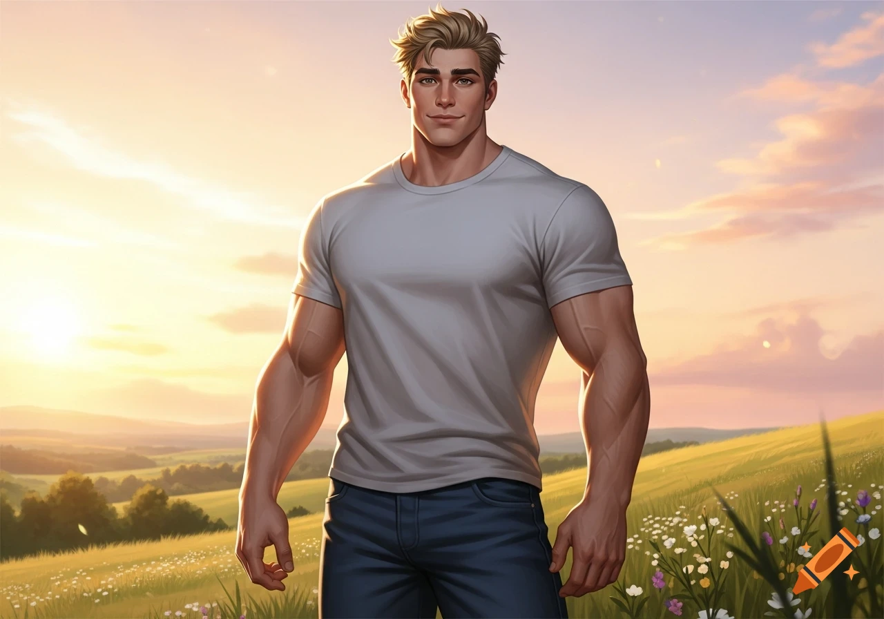 Muscular man with blonde hair and a smile standing in a sunlit grassy field with wildflowers, digital art.
