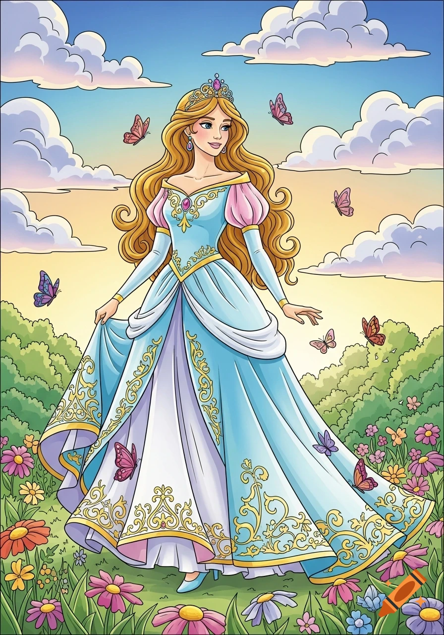 Cartoon princess with long blonde hair, wearing a blue and pink gown, standing in a field of colorful flowers with butterflies under a cloudy sky.