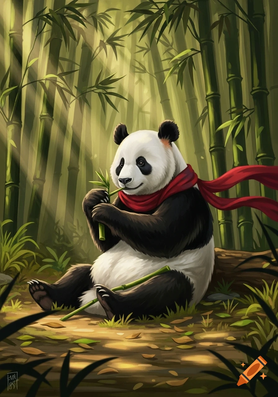 A cute, stylized panda with a red scarf sits in a sunlit bamboo forest, eating bamboo.