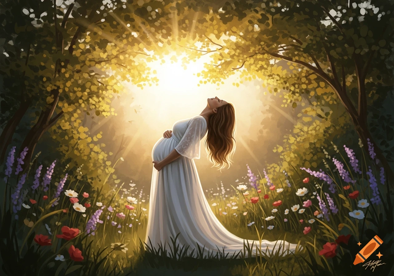 A pregnant woman in a white dress stands in a sun-drenched forest clearing surrounded by wildflowers, looking up with her hands on her belly.