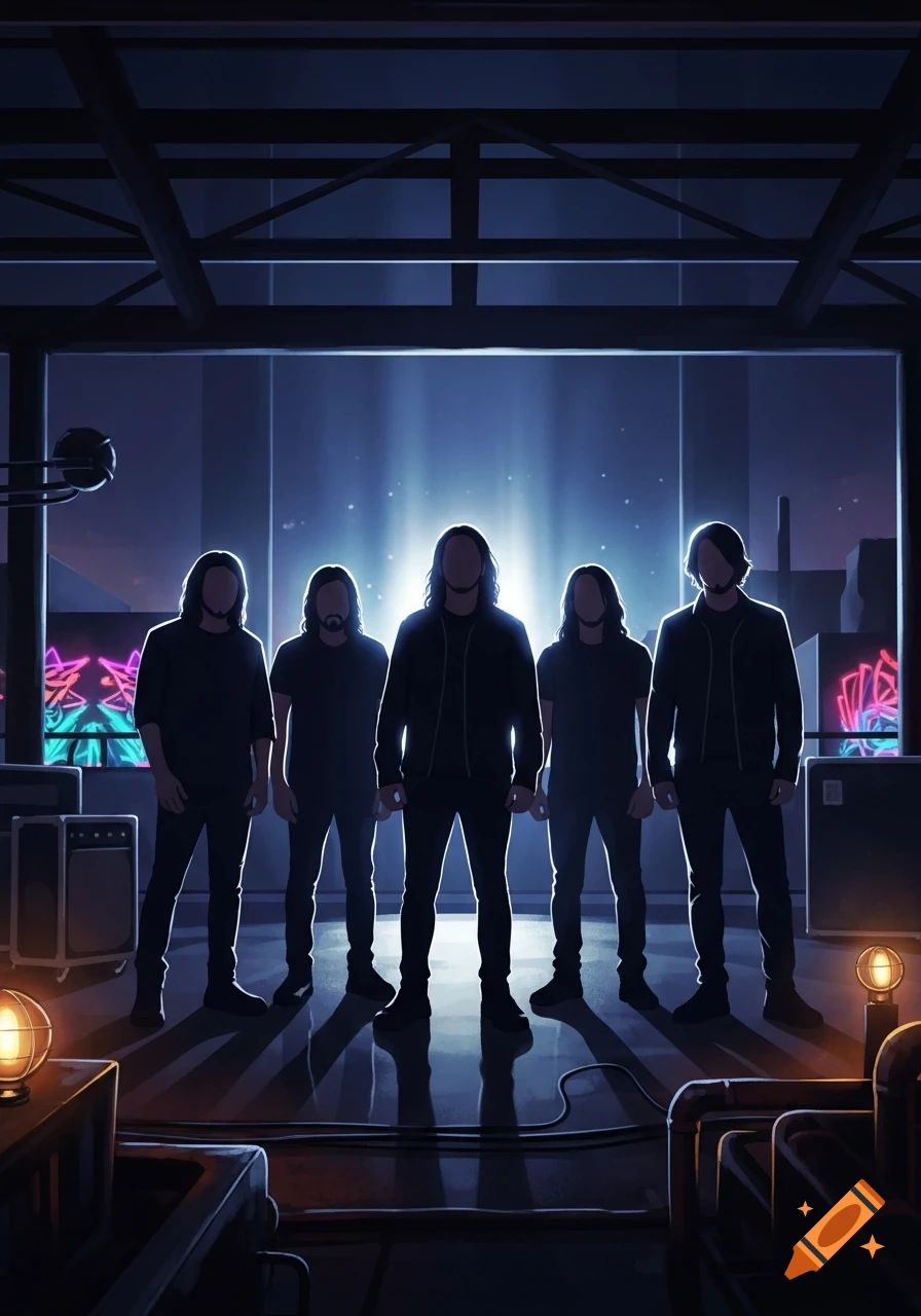 An illustration of five silhouetted band members standing on a dark stage, heavily backlit by bright blue light.