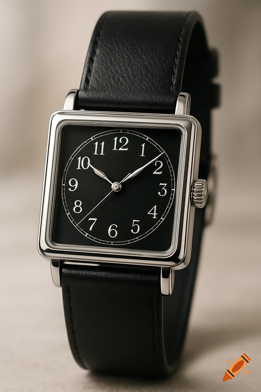 A close-up, photorealistic shot of a square silver analog watch with a black dial and white numbers, featuring a black leather strap.