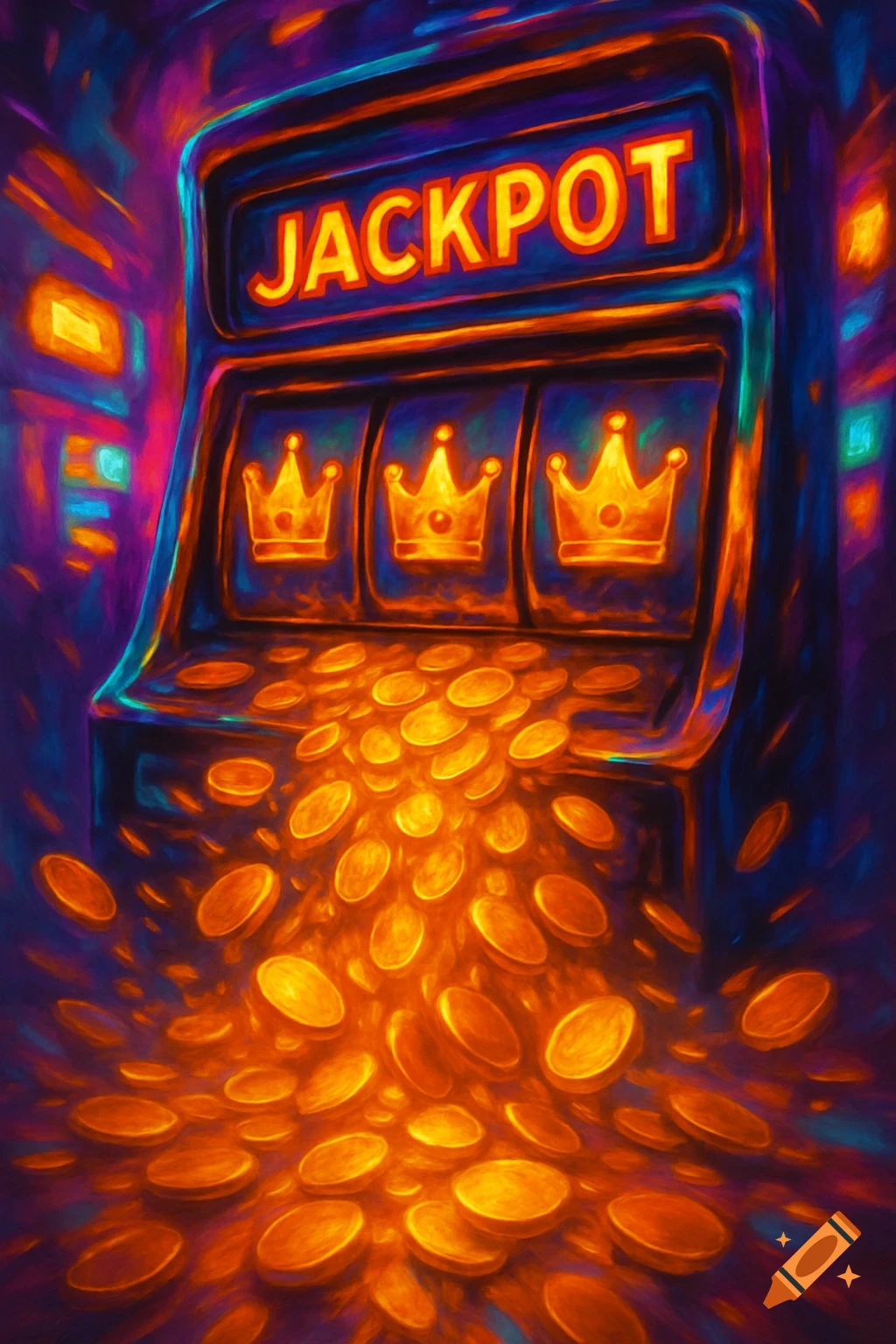 Vibrant digital painting of a slot machine with 'JACKPOT' text, three golden crowns on the reels, and glowing gold coins overflowing from the base.