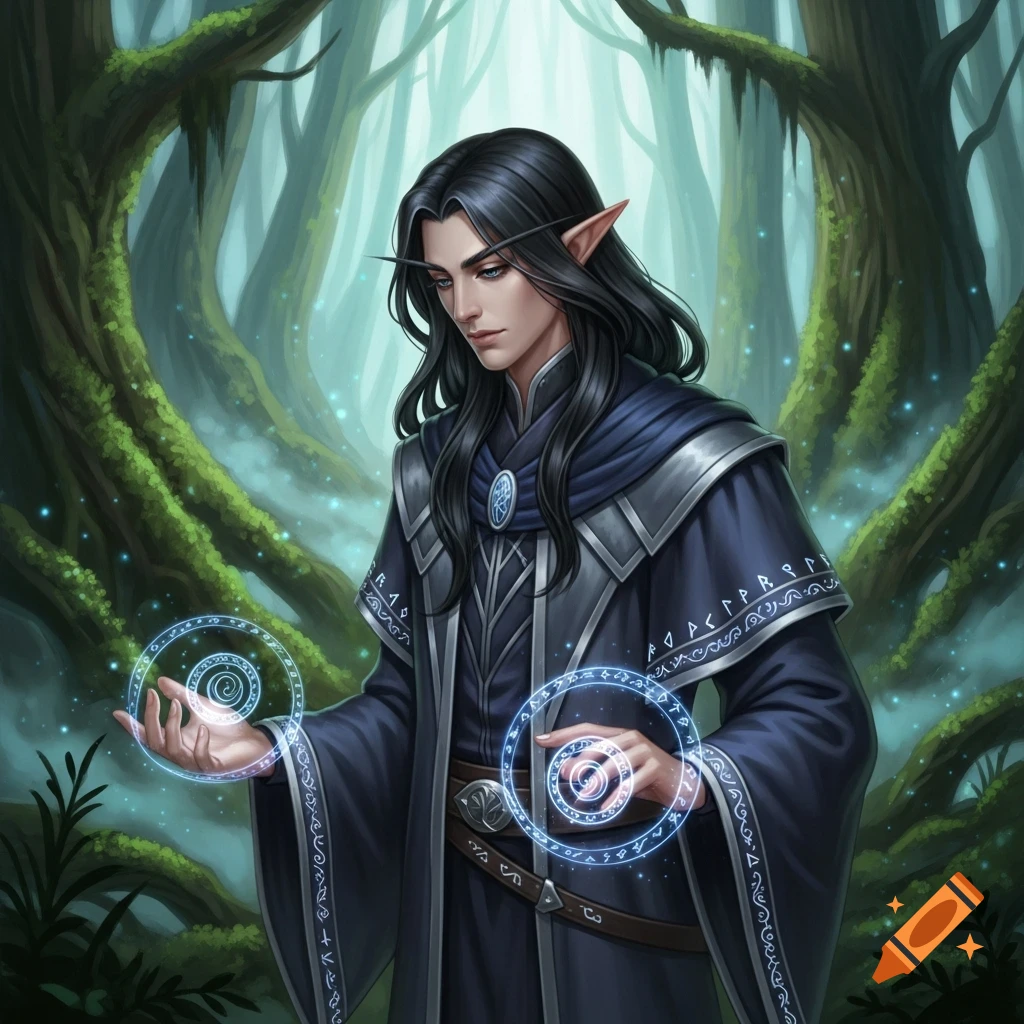 A male elf wizard with long black hair and pointed ears, wearing dark robes, conjures glowing blue magical spirals in a mystical forest.