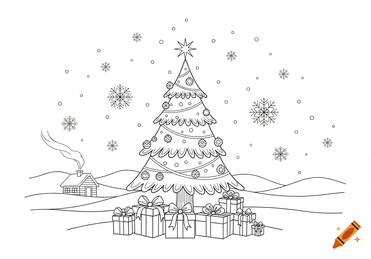 Black and white line drawing of a decorated Christmas tree with presents in a snowy landscape with a cabin.