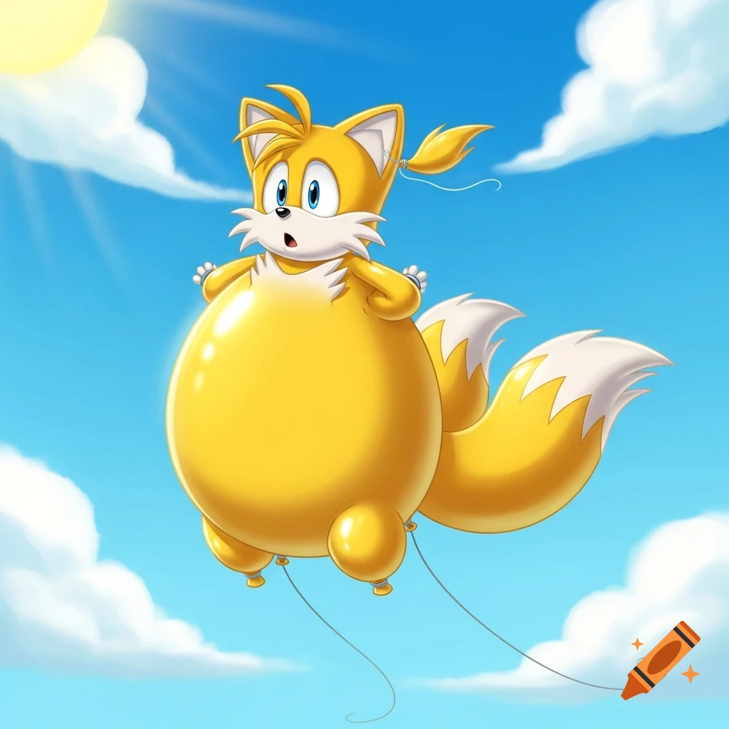 Cartoon character Tails, a yellow fox, floats in a blue sky like a giant balloon.