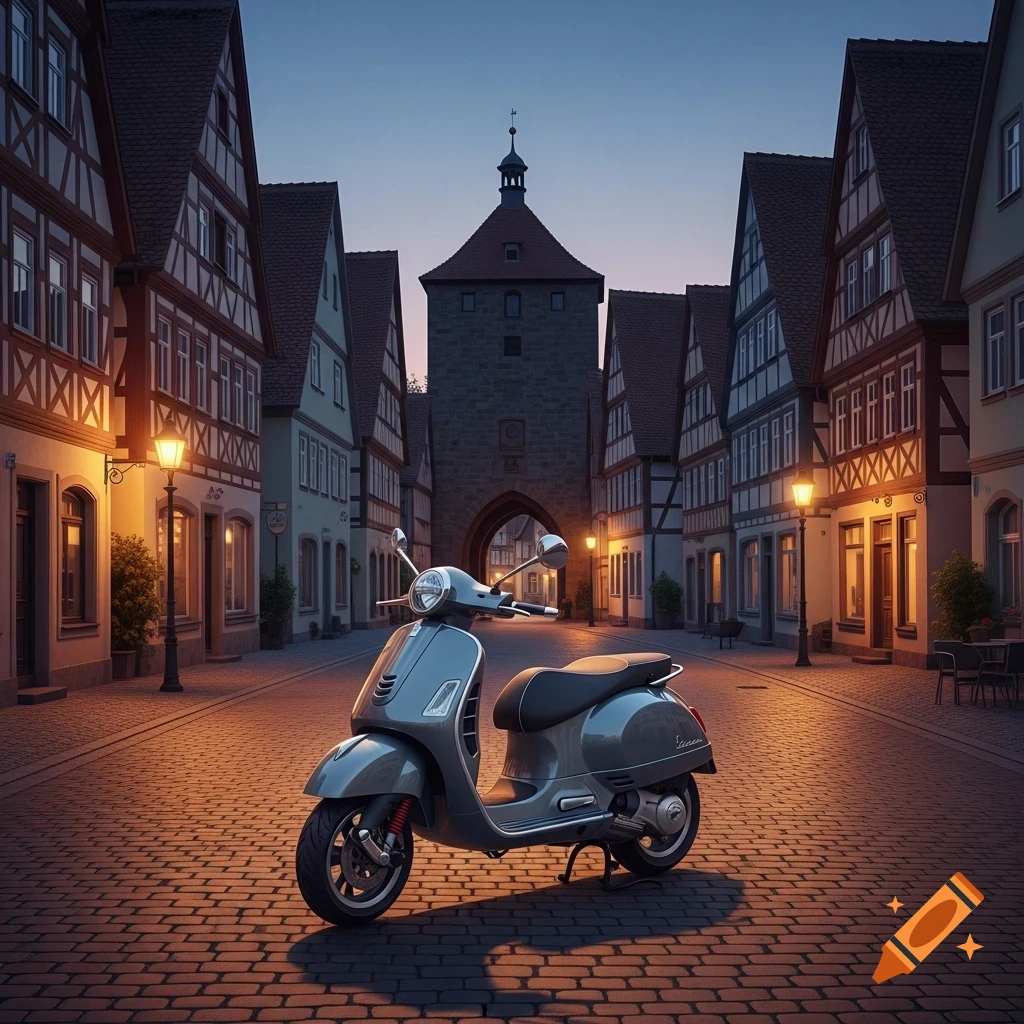 A silver-grey Vespa scooter on a cobbled street in a picturesque European town at dusk, with half-timbered houses and a town gate.