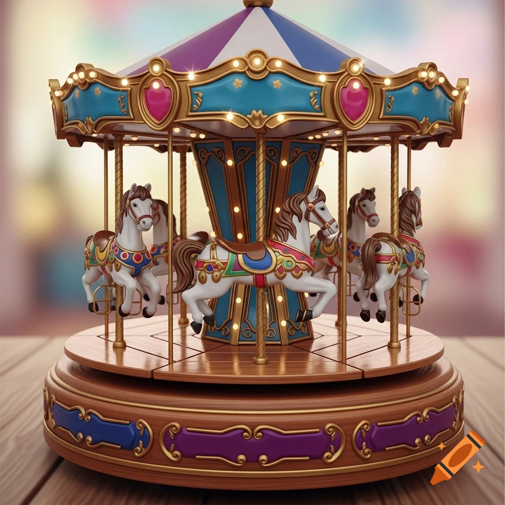 A colorful miniature carousel with white horses under a blue and purple striped canopy, set on a wooden surface.