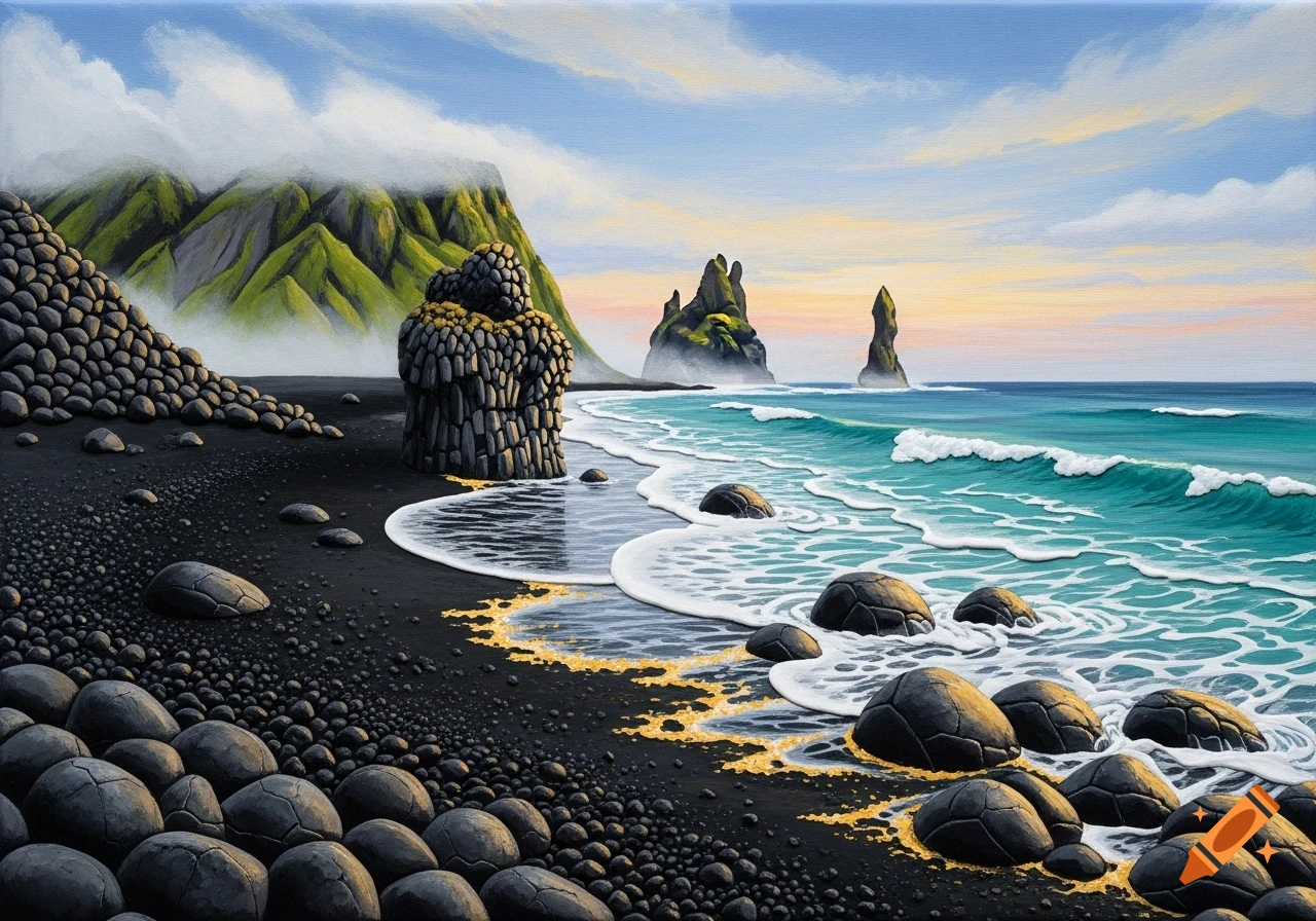 Stylized clay art painting of a black sand beach with sea stacks and turquoise waves under a cloudy sky.
