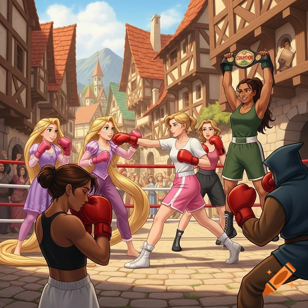 Cartoon-style image of female boxers, including two Rapunzels, fighting in a boxing ring in a medieval village, while another woman raises a 'CHAMPTION' belt in triumph.