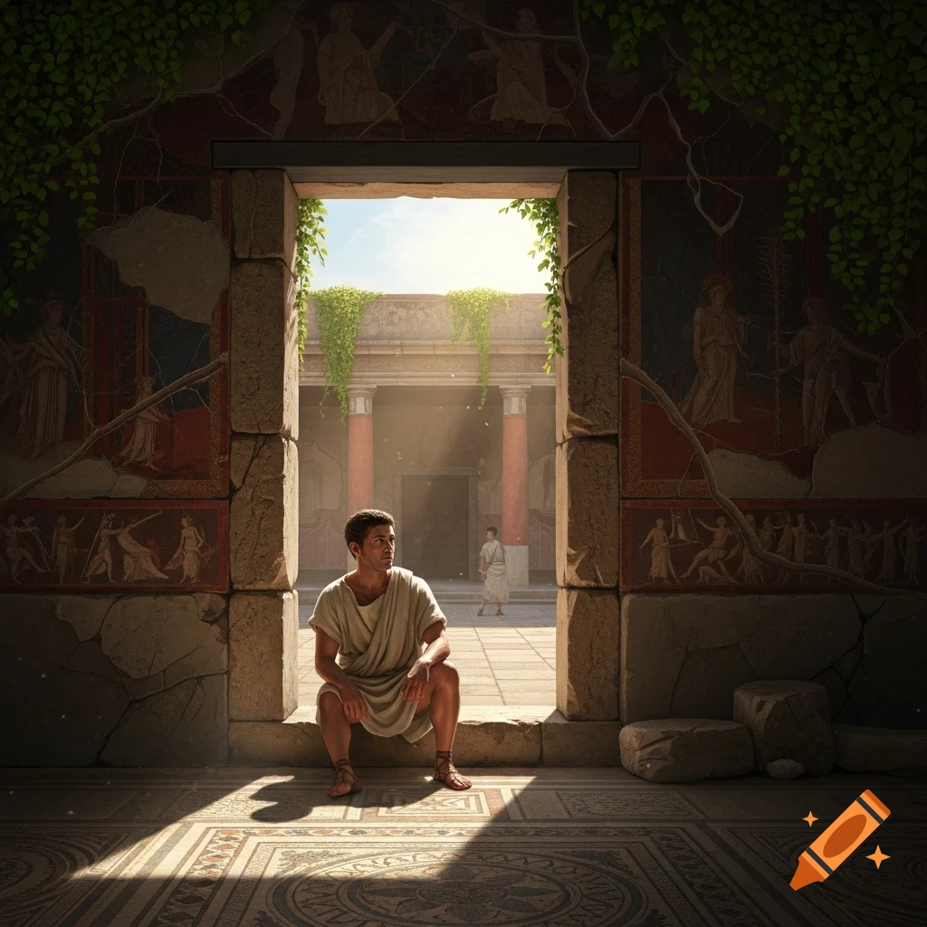 A man in a toga sits on a stone threshold, gazing into a sunlit ancient Roman courtyard adorned with murals.