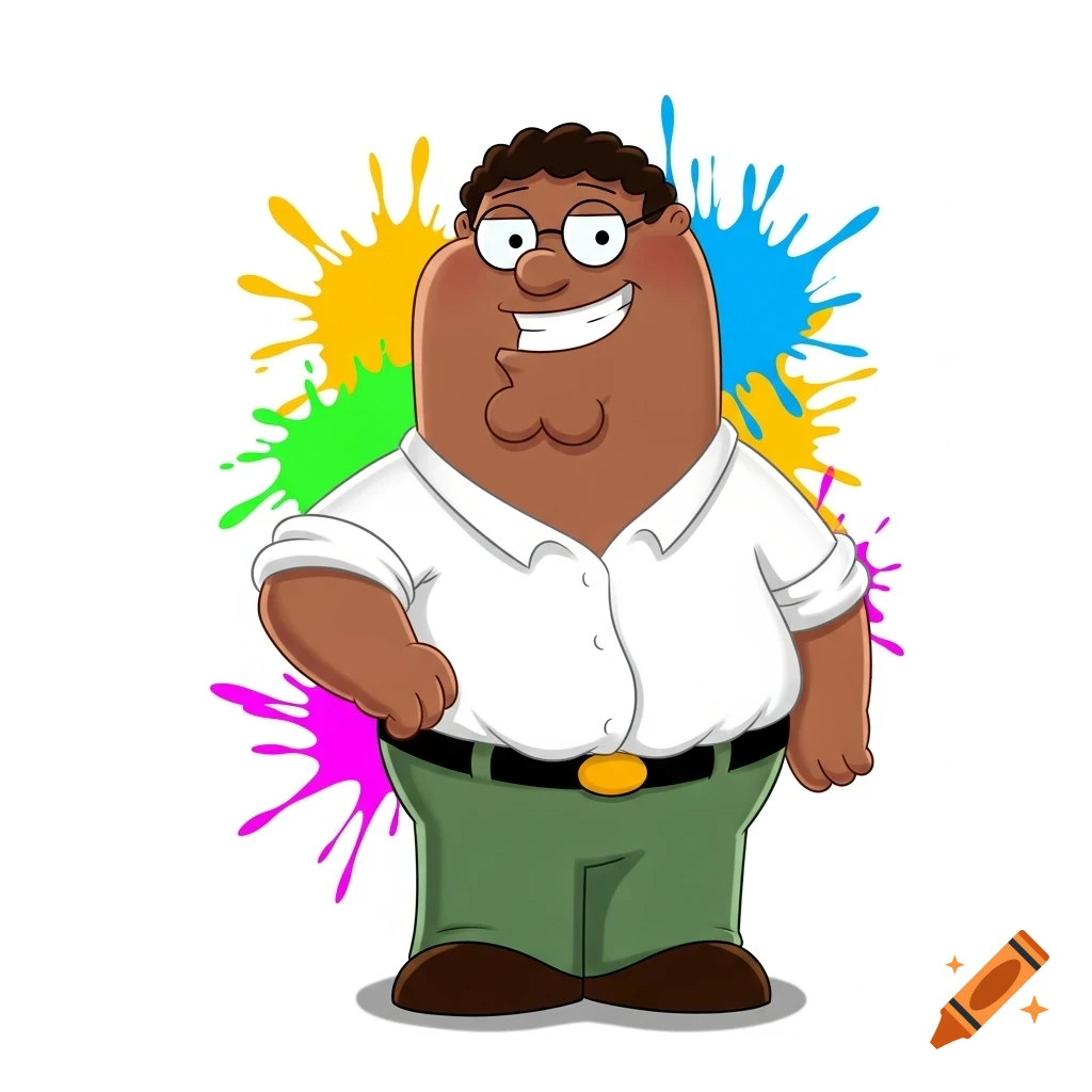 A cartoon character with dark brown skin, resembling Peter Griffin, stands smiling against colorful paint splatters.