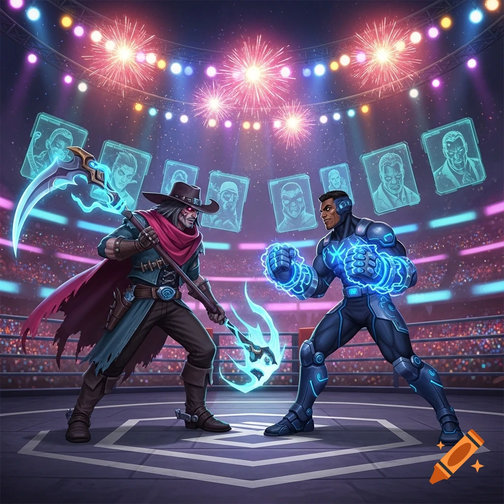 Two stylized characters, a cowboy with a glowing scythe and a futuristic fighter with glowing fists, face off in a wrestling ring under fireworks.