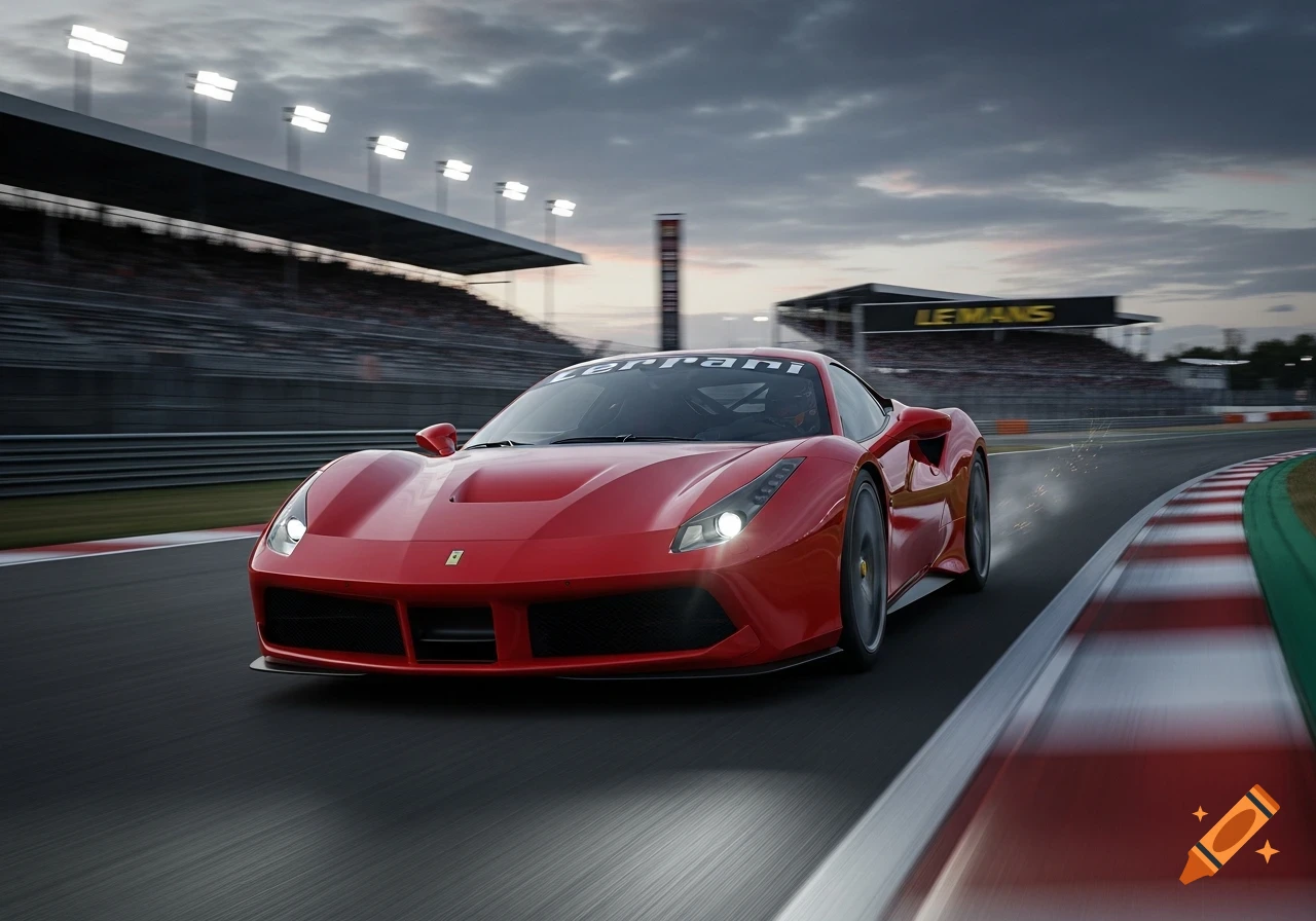 A red Ferrari sports car speeds around a racetrack under a cloudy sky, with "LE MANS" visible on a distant sign.