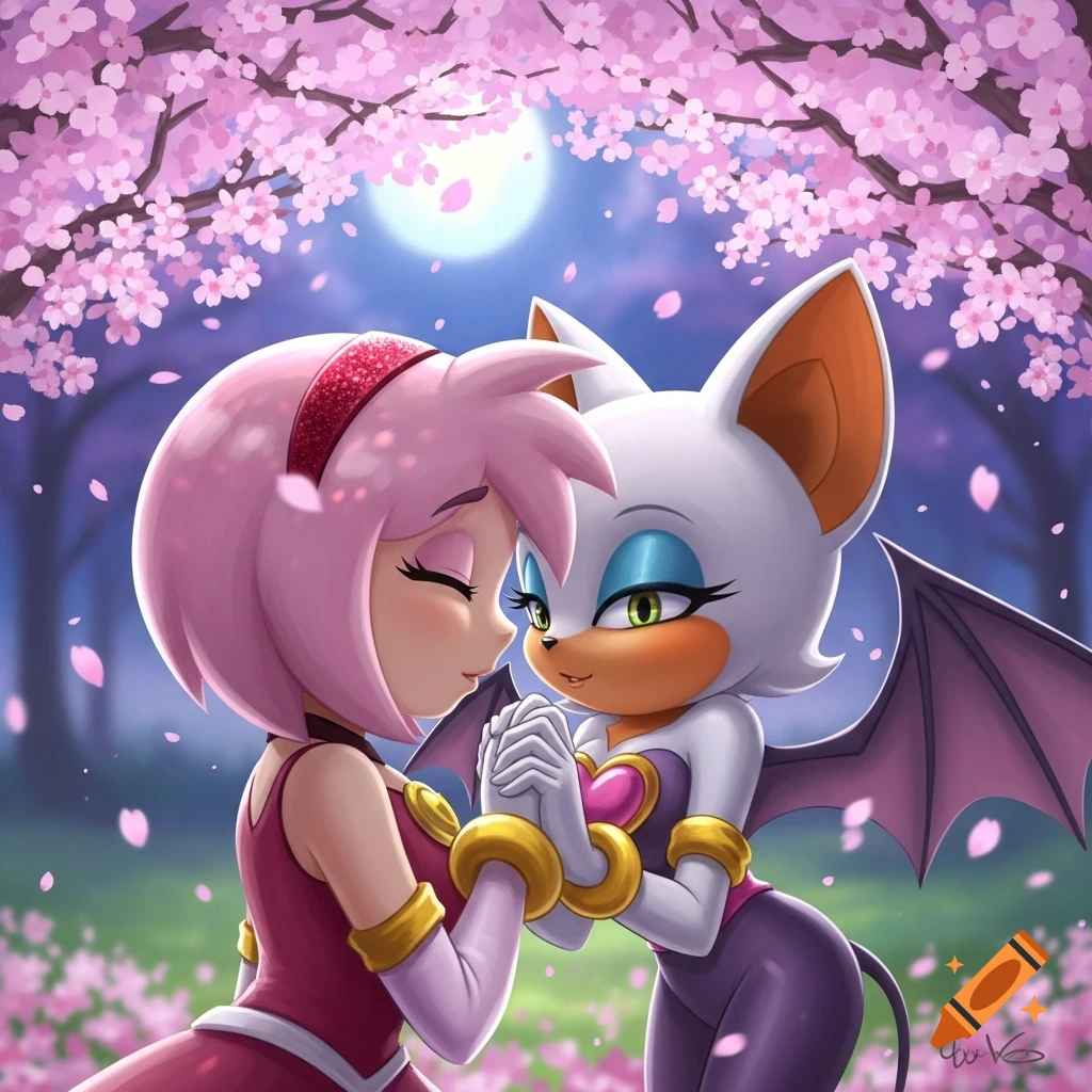 Amy Rose and Rouge the Bat hold hands under a cherry blossom tree at night, with a full moon.